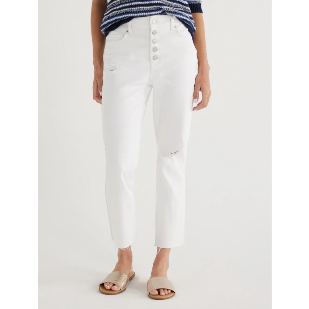 Time and Tru Women's Size 18 High Rise Straight Crop Jeans Vivid White Distresse